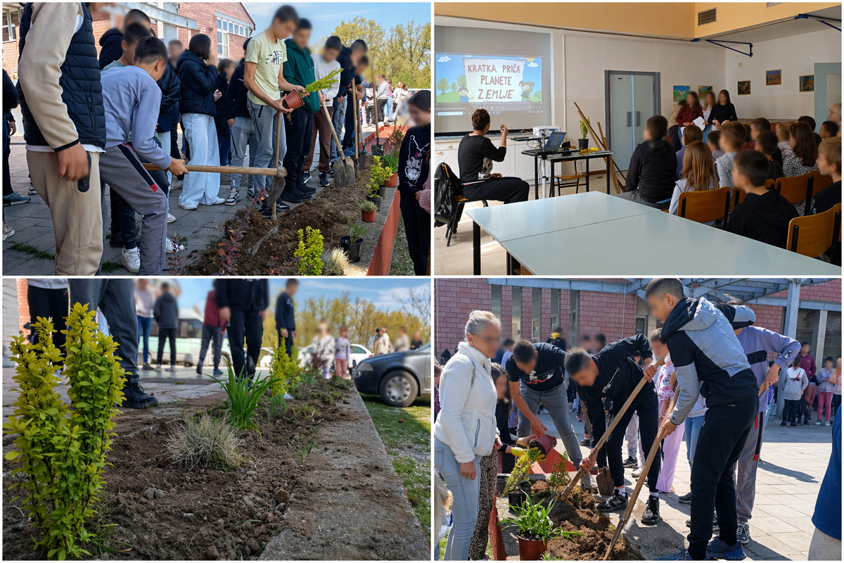 Kolaž fotografija dece na radionici i napolju ispred skole tokom sadnje uskrasnog bilja i drveća.